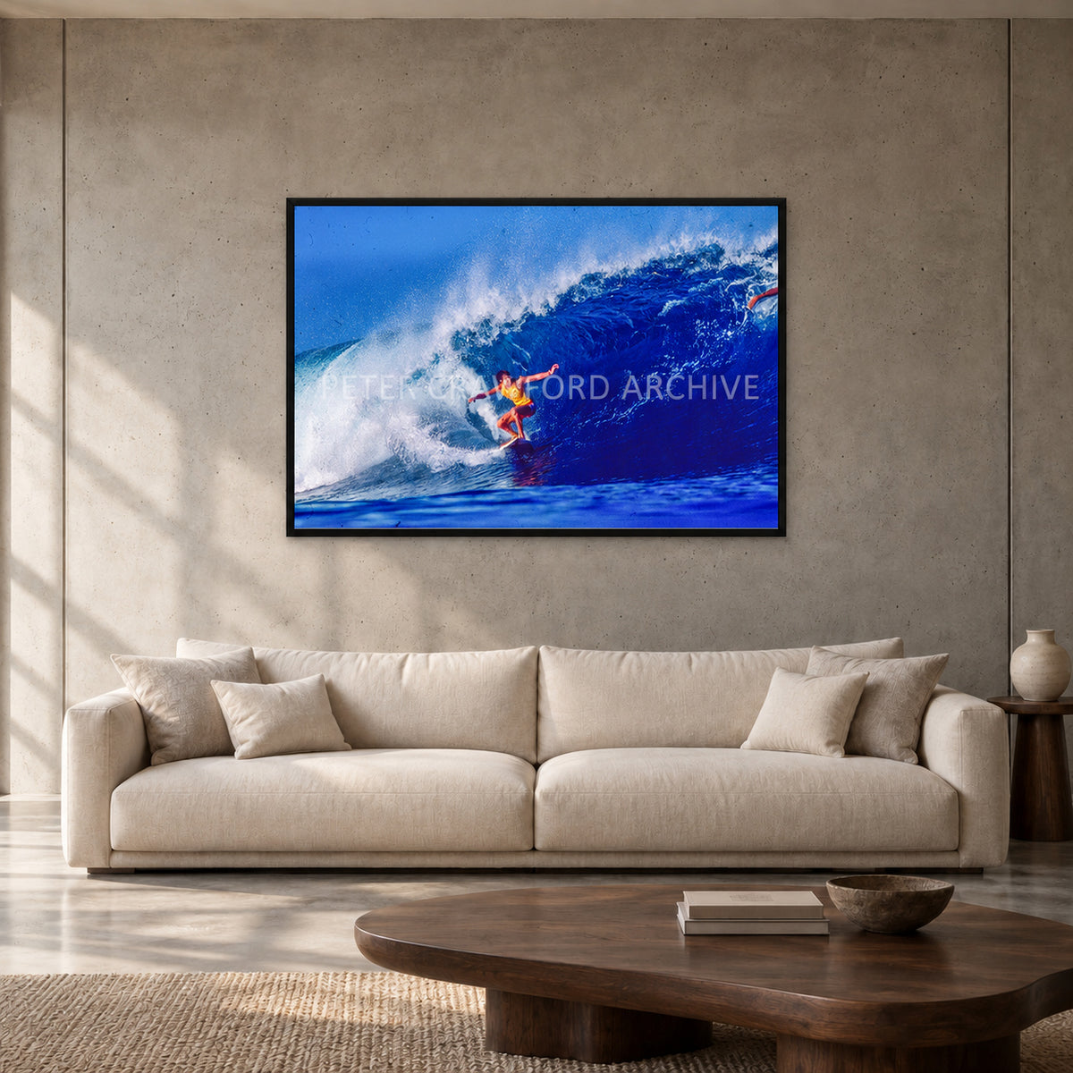 Mark Richards — 120 × 80 cm, black full frame, shown in a contemporary concrete-wall living room.