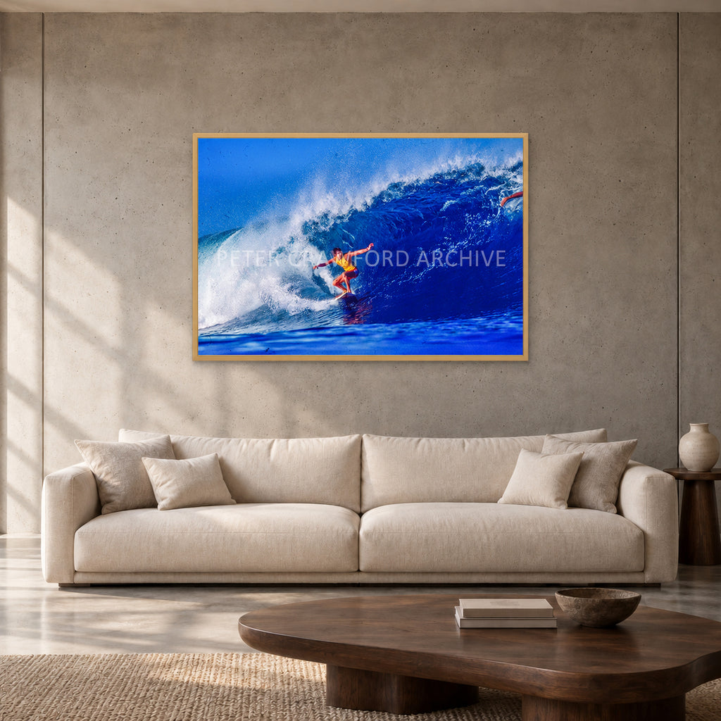 Mark Richards — 120 × 80 cm, hayseed full frame, shown in a contemporary concrete-wall living room.