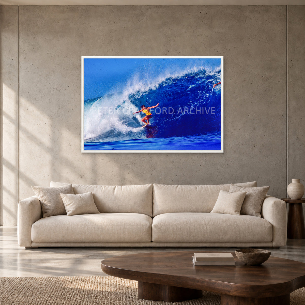 Mark Richards — 120 × 80 cm, white full frame, shown in a contemporary concrete-wall living room.