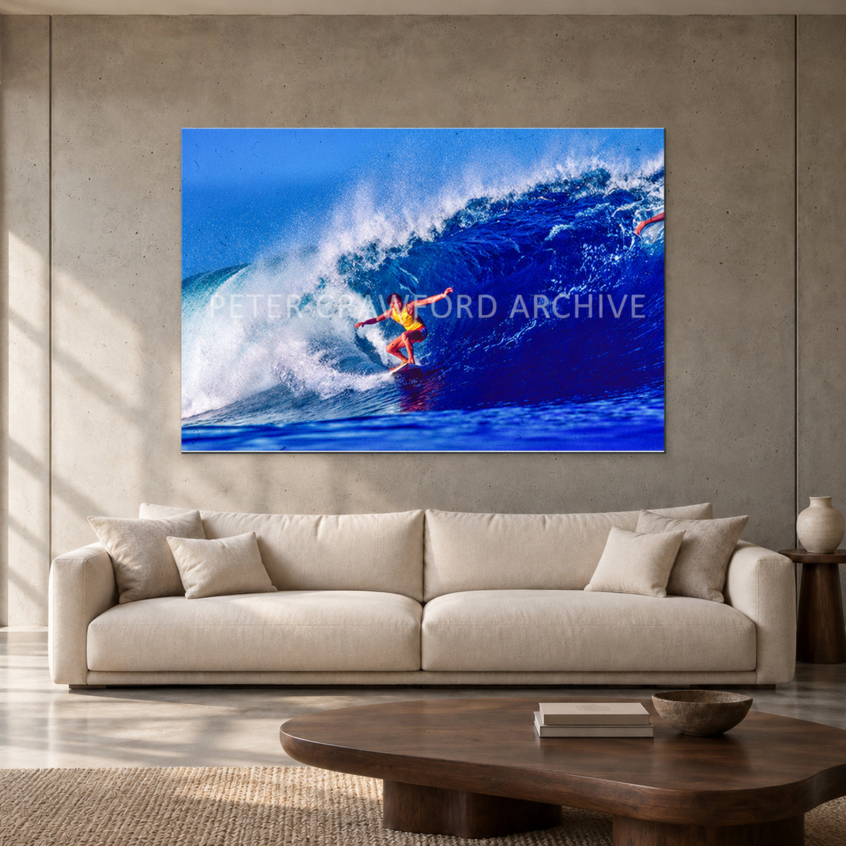 Mark Richards — 152 × 102 cm, aluminium resin mount, shown in a contemporary concrete-wall living room.