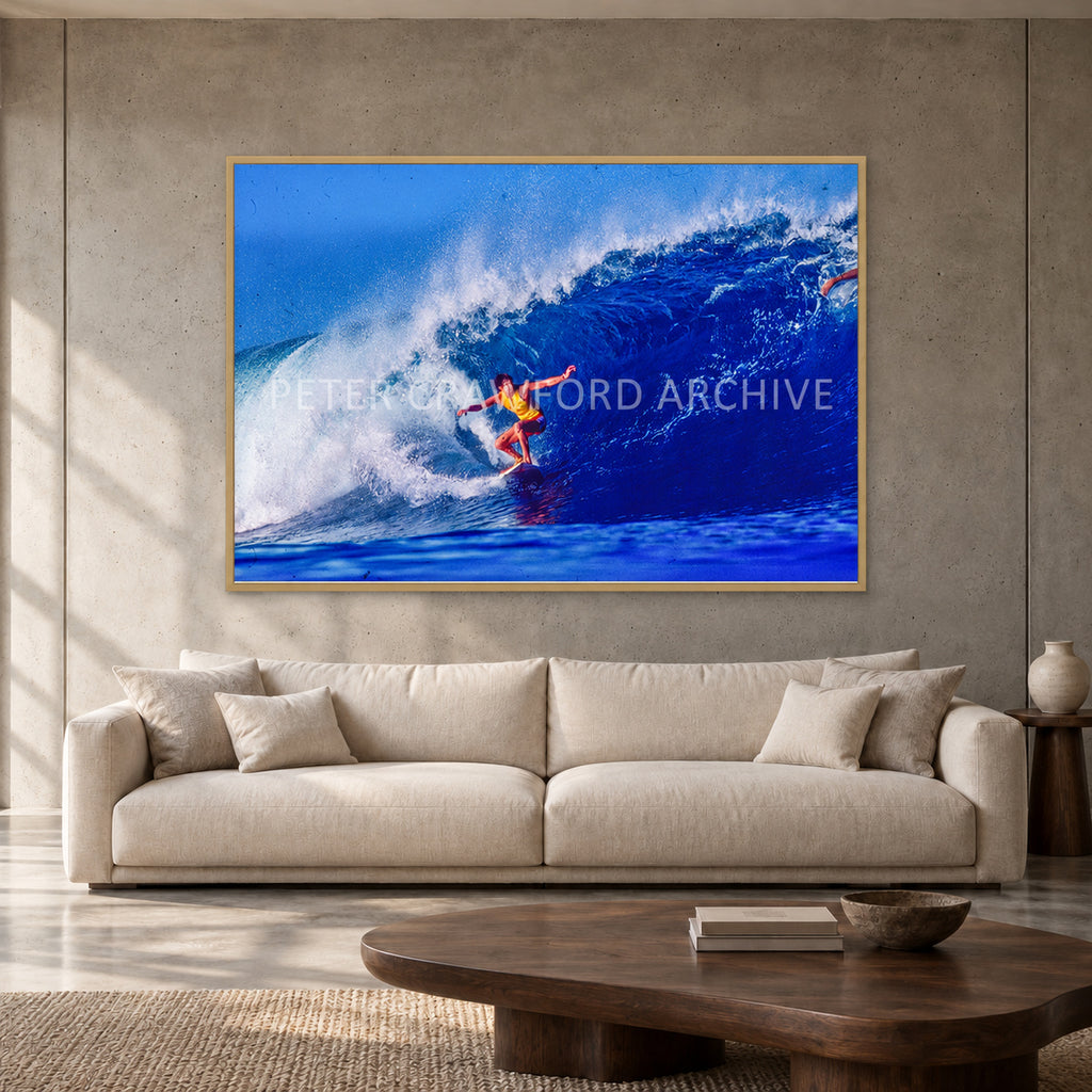 Mark Richards — 152 × 102 cm, hayseed full frame, shown in a contemporary concrete-wall living room.