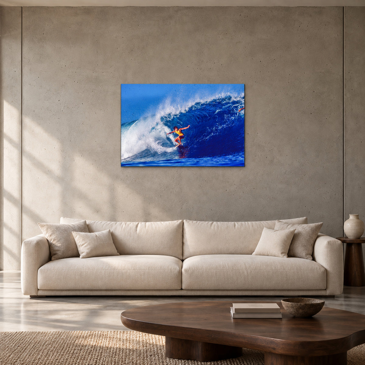 Mark Richards — 90 × 60 cm, aluminium resin mount, shown in a contemporary concrete-wall living room.