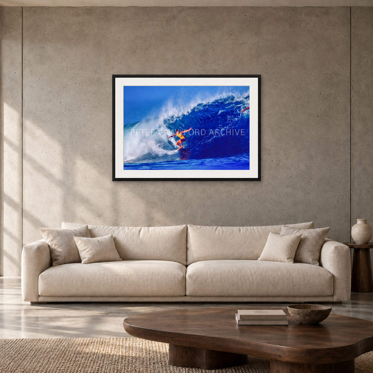 Mark Richards — 90 × 60 cm, black frame with mat, shown in a contemporary concrete-wall living room.