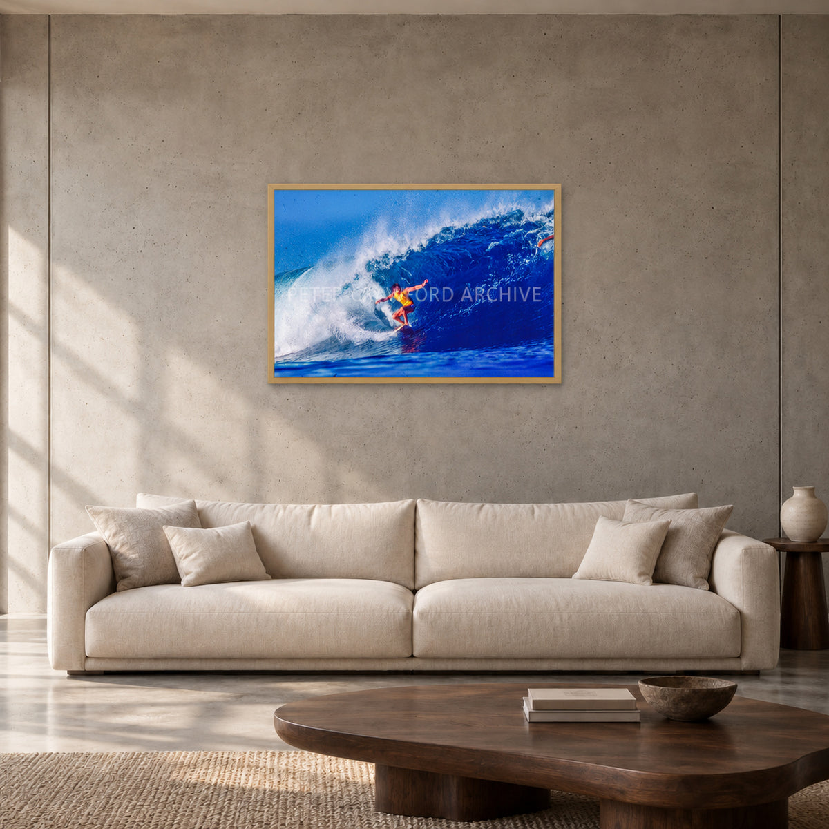 Mark Richards — 90 × 60 cm, hayseed full frame, shown in a contemporary concrete-wall living room.