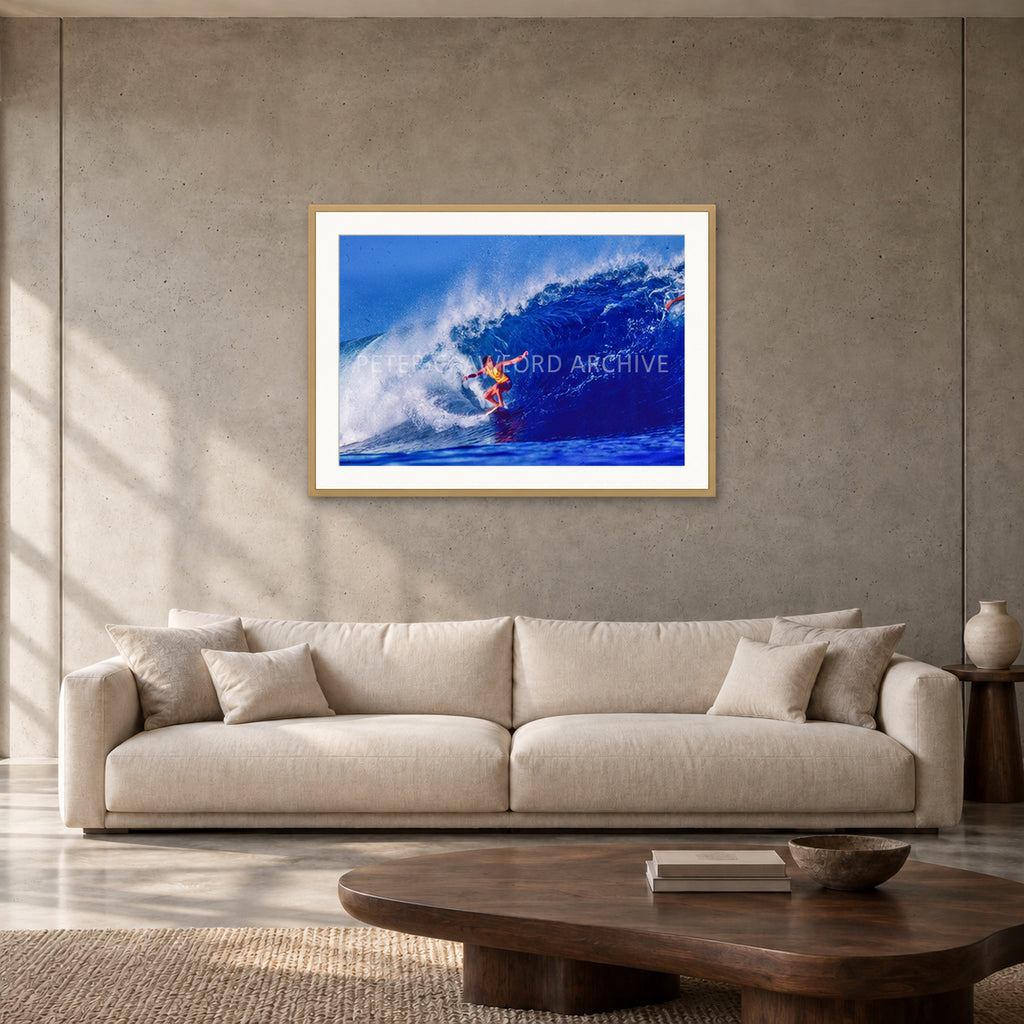 Mark Richards — 90 × 60 cm, hayseed frame with mat, shown in a contemporary concrete-wall living room.