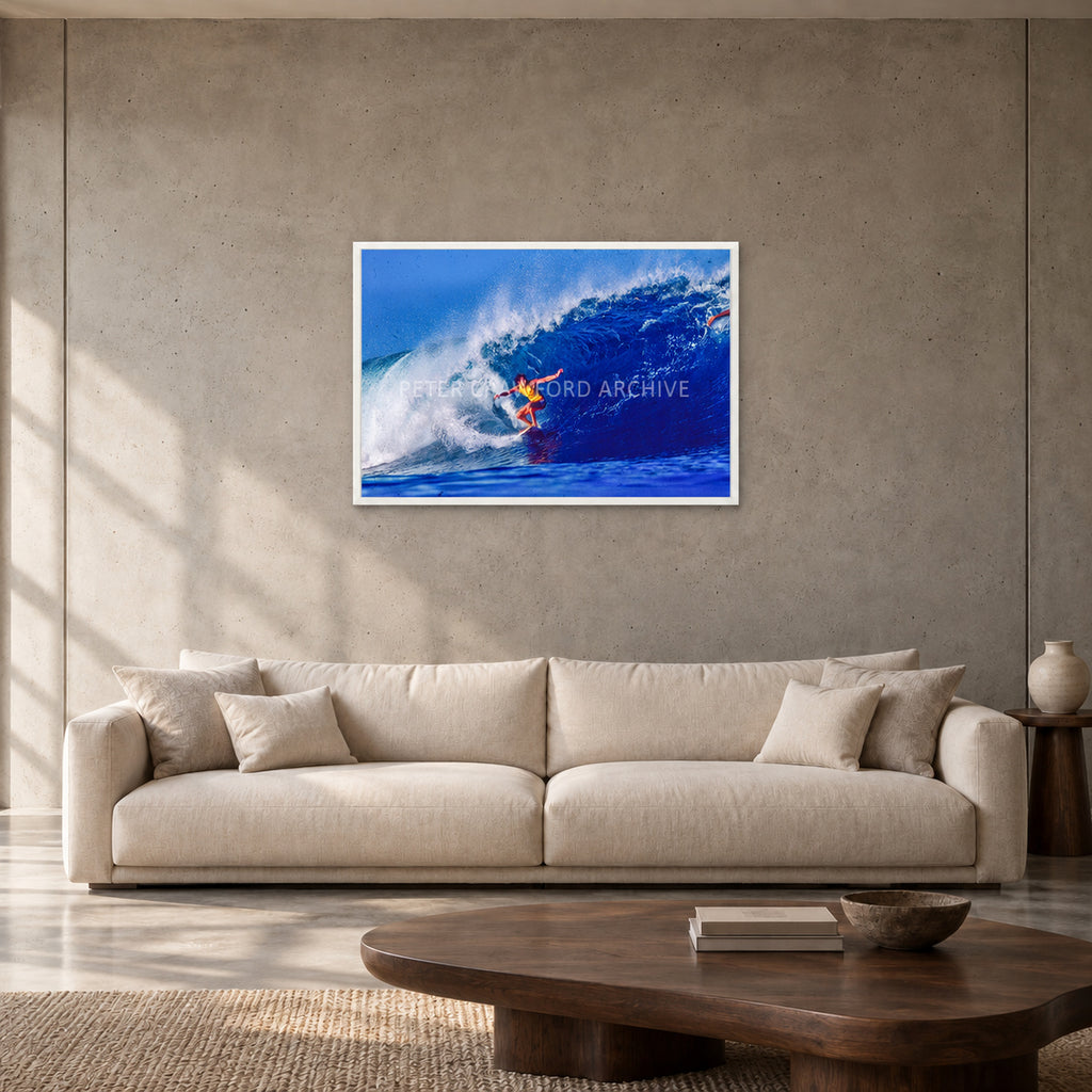 Mark Richards — 90 × 60 cm, white full frame, shown in a contemporary concrete-wall living room.