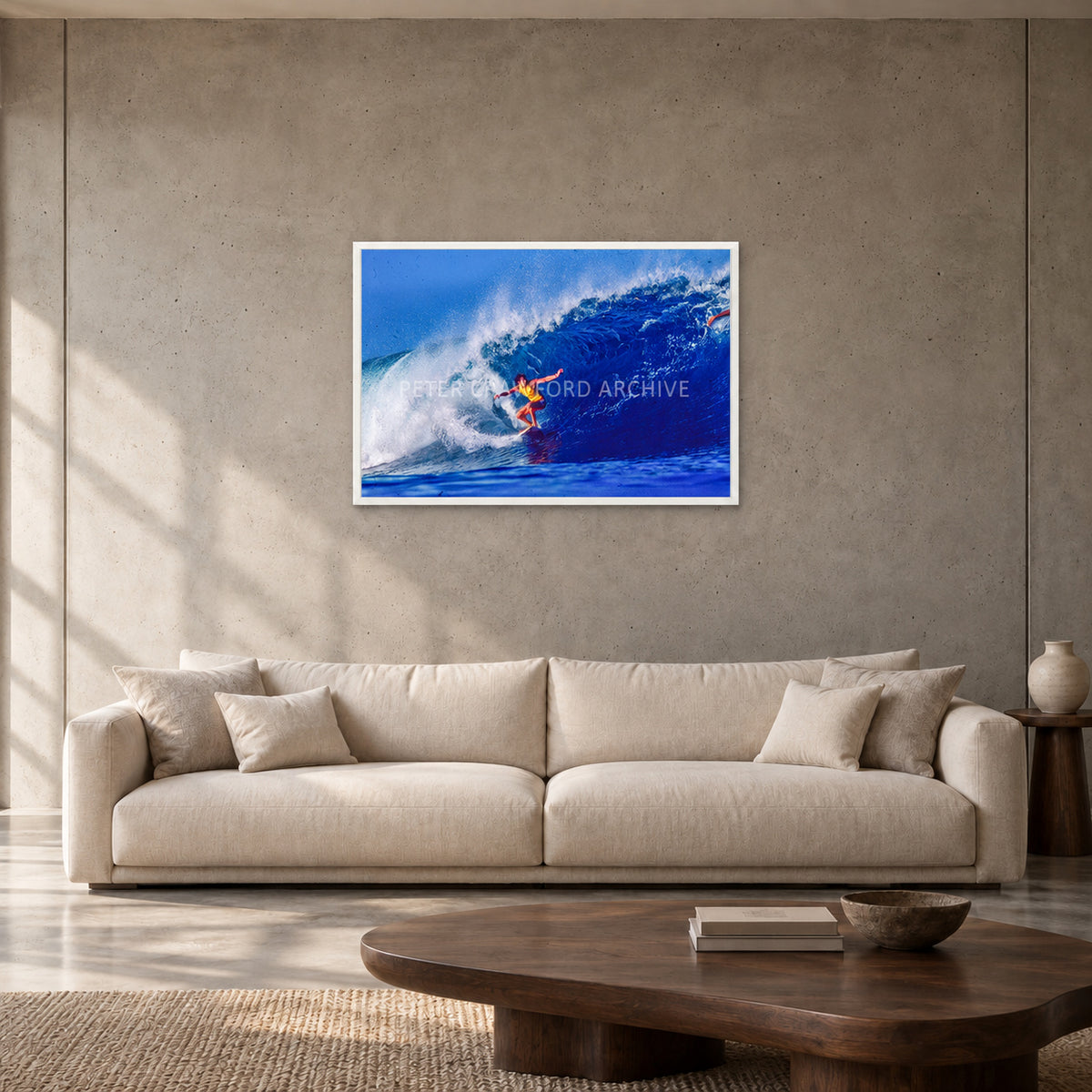 Mark Richards — 90 × 60 cm, white full frame, shown in a contemporary concrete-wall living room.