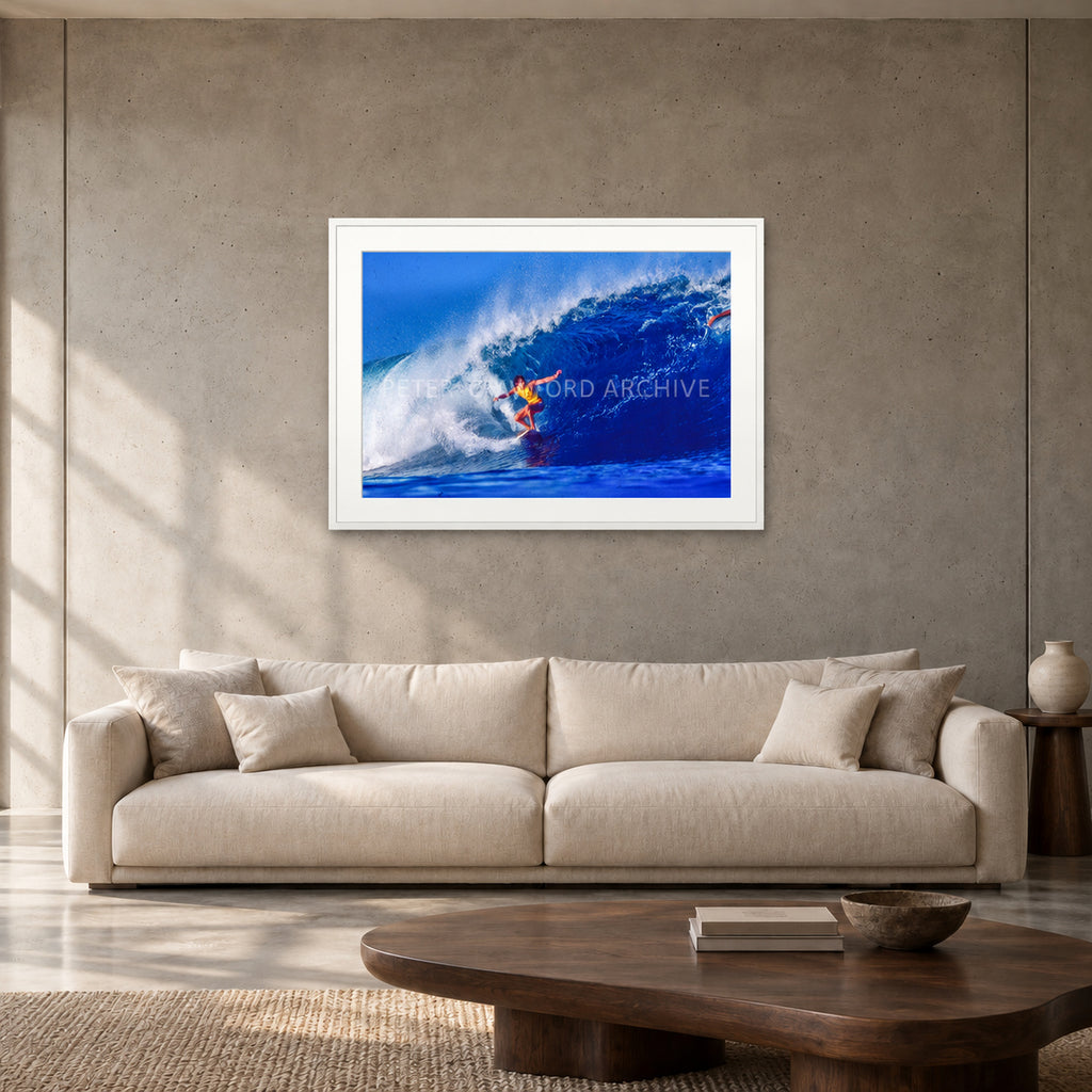 Mark Richards — 90 × 60 cm, white frame with mat, shown in a contemporary concrete-wall living room.