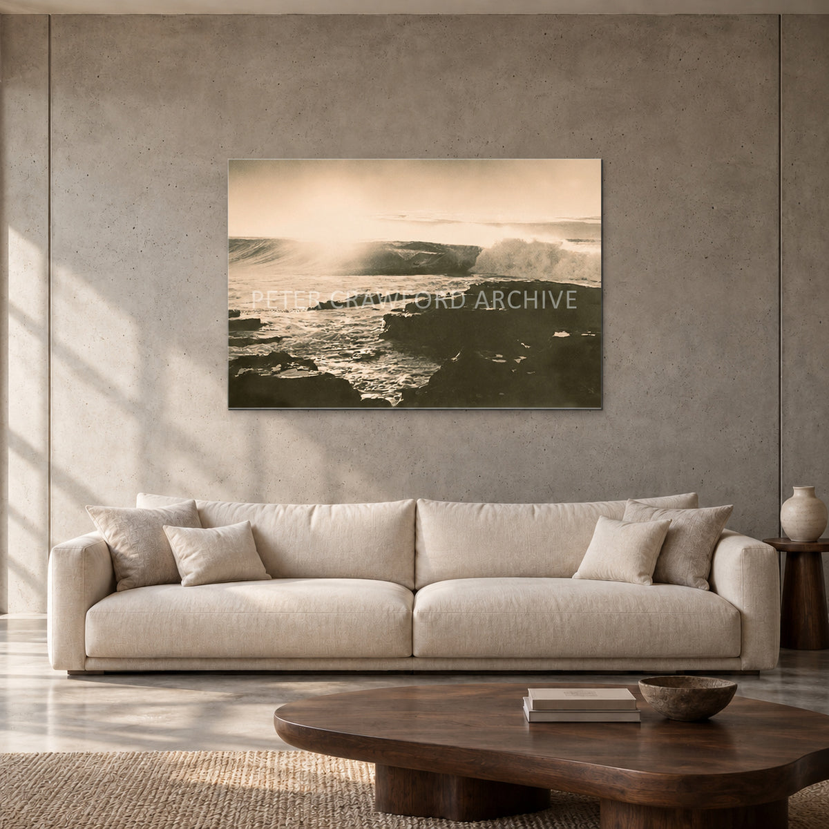 Peter Crawford Barrel at Dee Why — 120 × 80 cm, aluminium resin mount, shown in a contemporary concrete-wall living room.