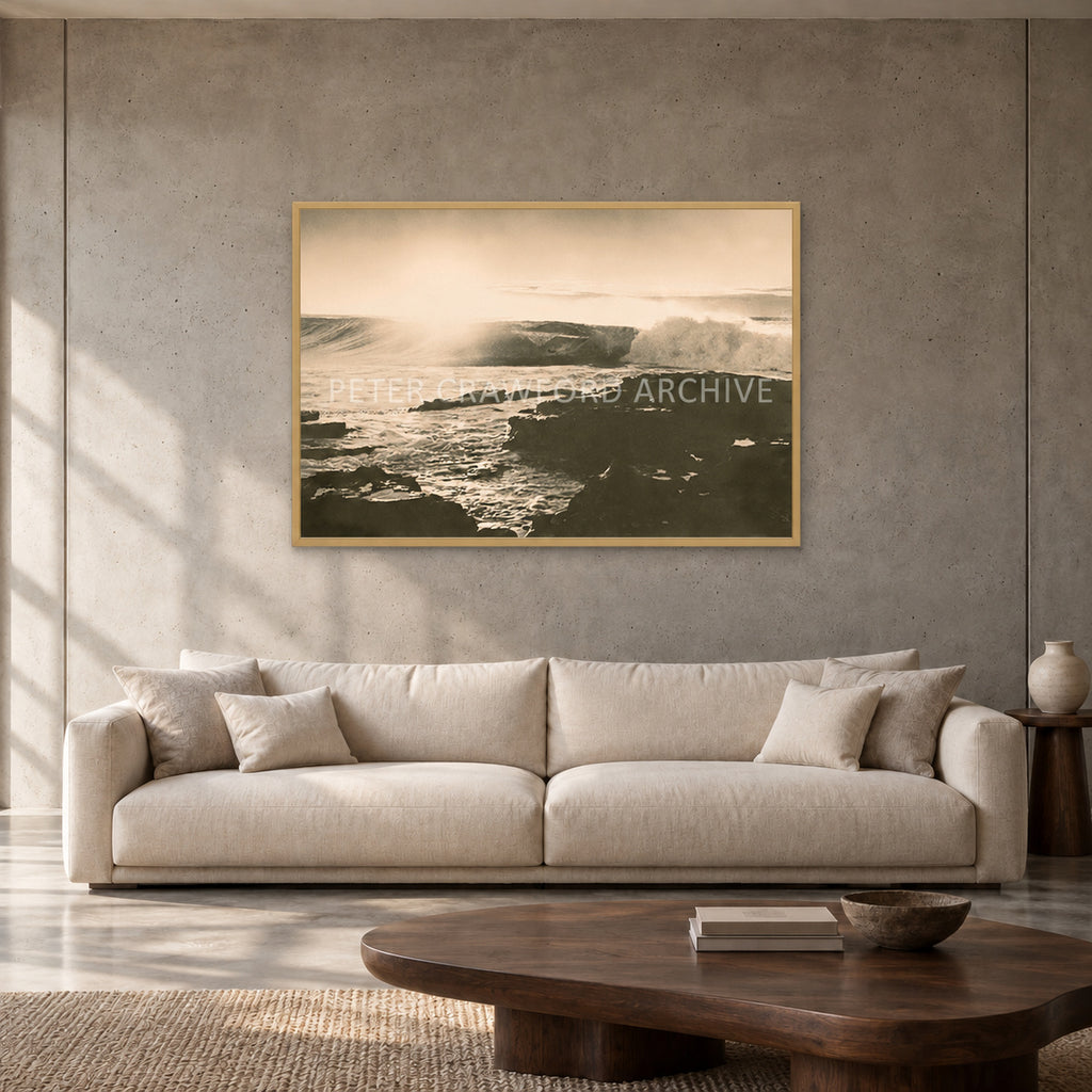 Peter Crawford Barrel at Dee Why — 120 × 80 cm, hayseed full frame, shown in a contemporary concrete-wall living room.