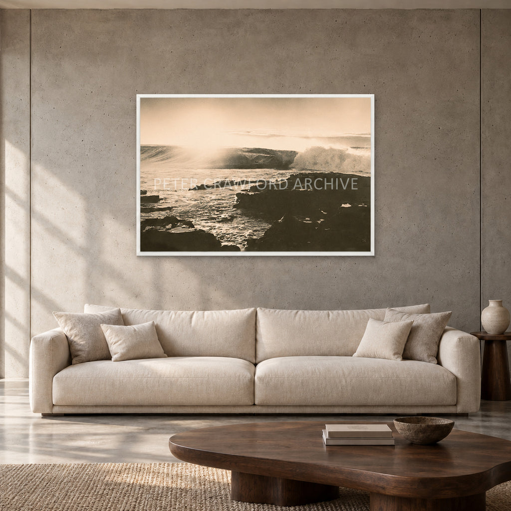 Peter Crawford Barrel at Dee Why — 120 × 80 cm, white full frame, shown in a contemporary concrete-wall living room.