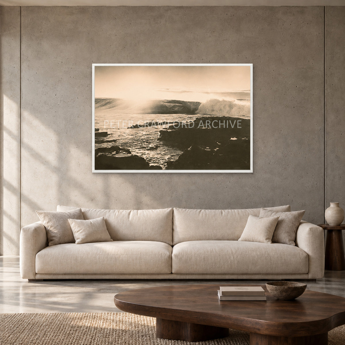 Peter Crawford Barrel at Dee Why — 120 × 80 cm, white full frame, shown in a contemporary concrete-wall living room.