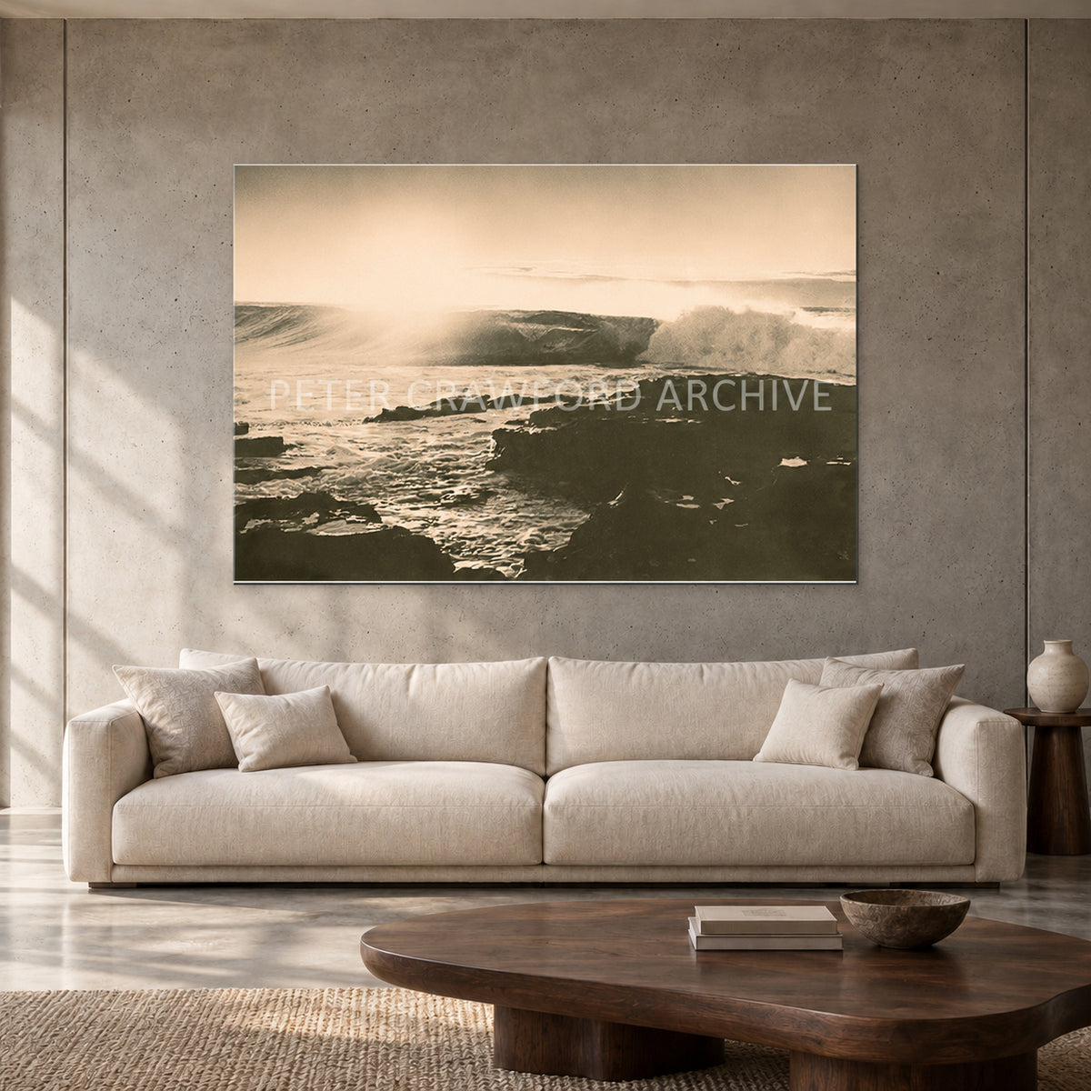 Peter Crawford Barrel at Dee Why — 152 × 102 cm, aluminium resin mount, shown in a contemporary concrete-wall living room.