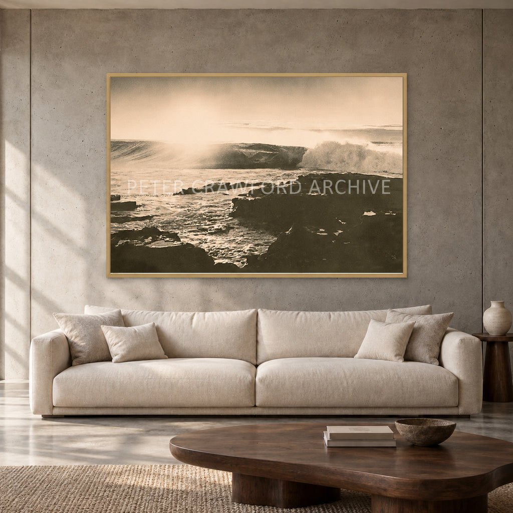 Peter Crawford Barrel at Dee Why — 152 × 102 cm, hayseed full frame, shown in a contemporary concrete-wall living room.