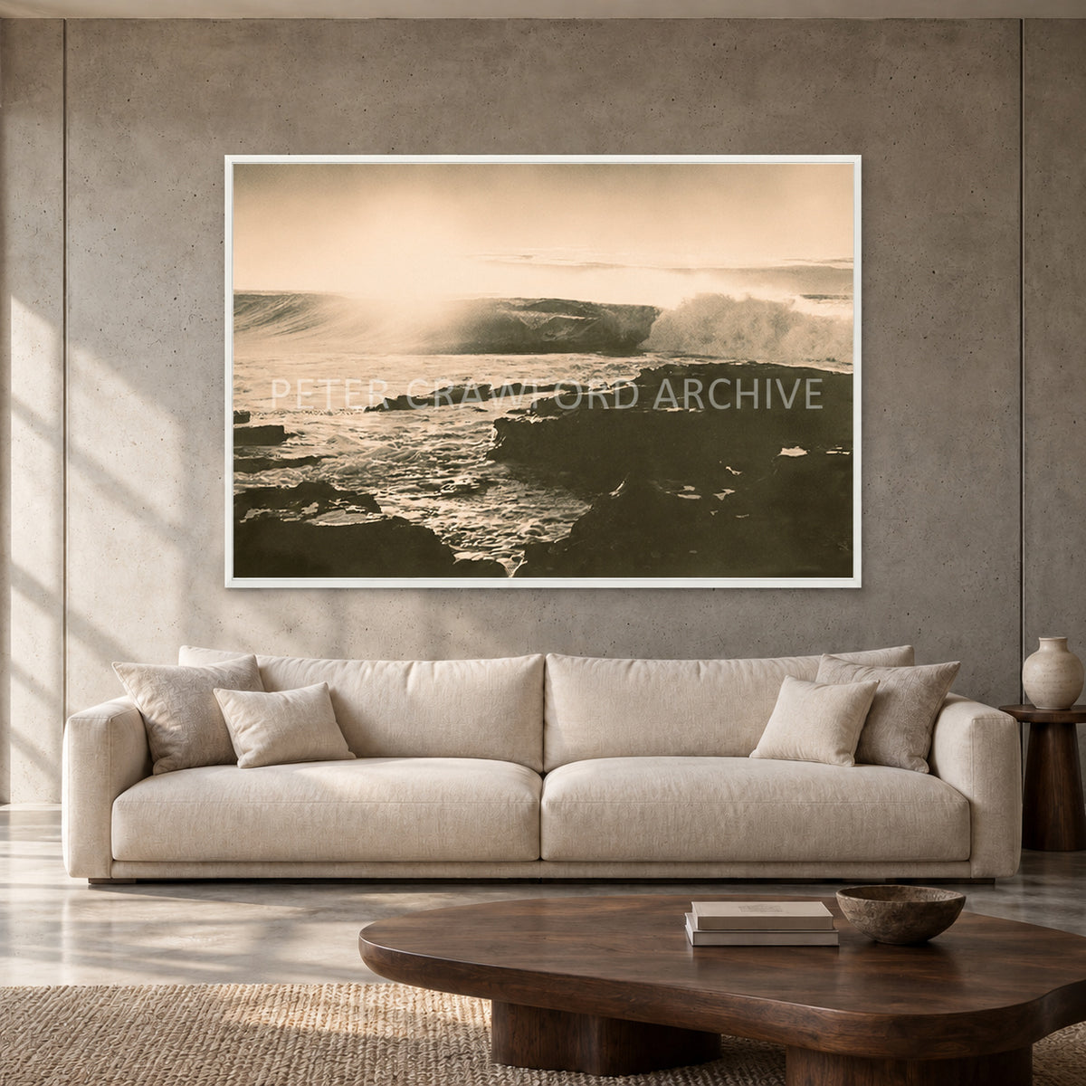 Peter Crawford Barrel at Dee Why — 152 × 102 cm, white full frame, shown in a contemporary concrete-wall living room.