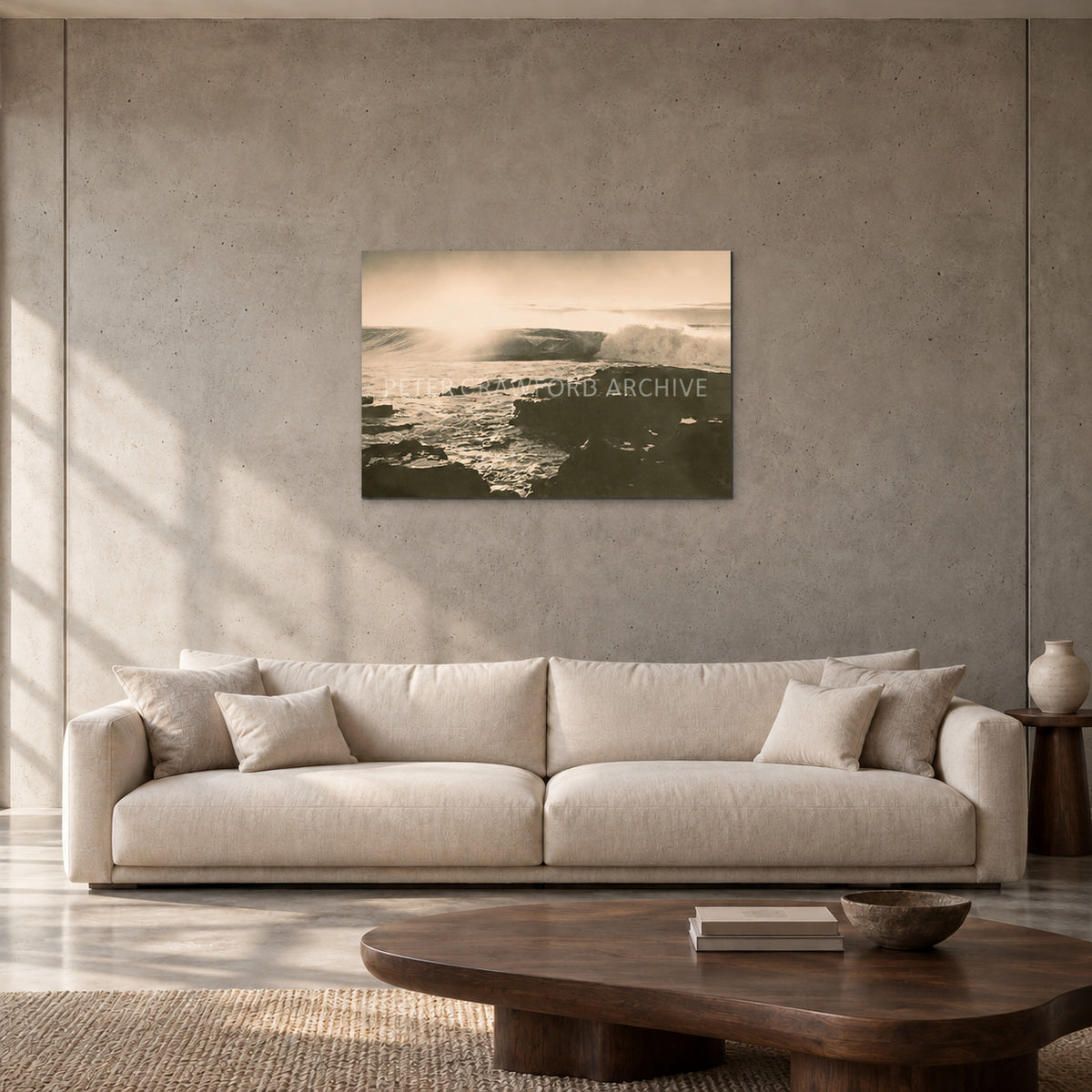 Peter Crawford Barrel at Dee Why — 90 × 60 cm, aluminium resin mount, shown in a contemporary concrete-wall living room.