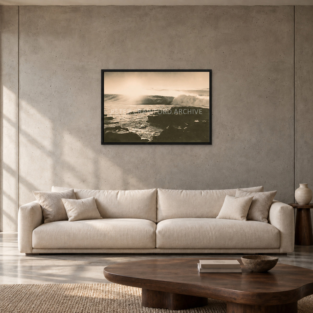 Peter Crawford Barrel at Dee Why — 90 × 60 cm, black full frame, shown in a contemporary concrete-wall living room.