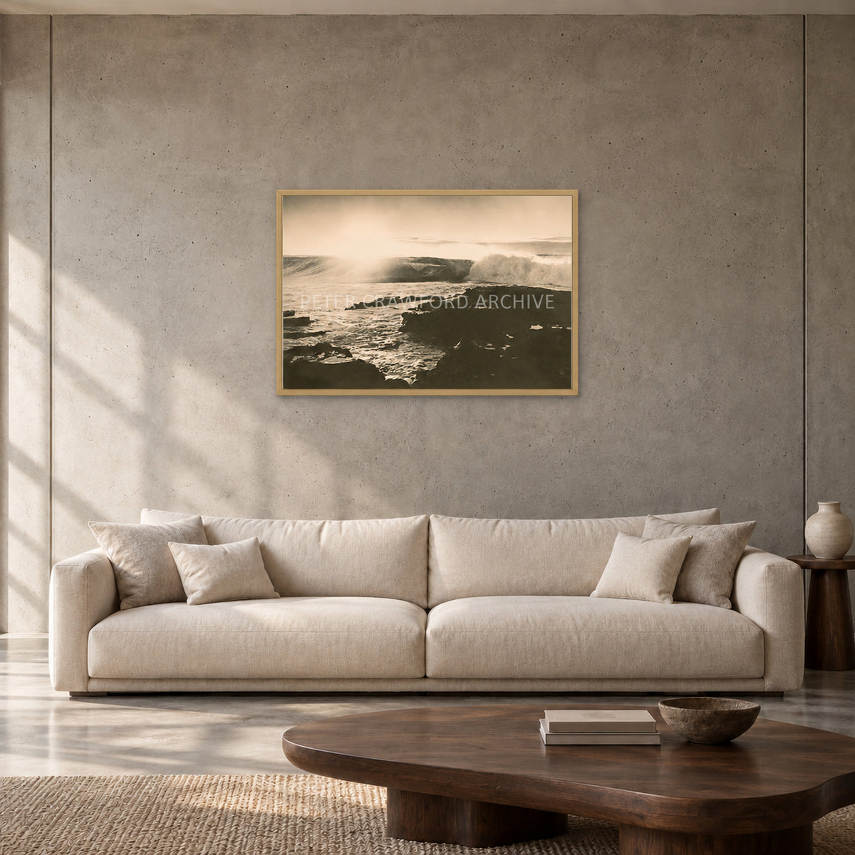 Peter Crawford Barrel at Dee Why — 90 × 60 cm, hayseed full frame, shown in a contemporary concrete-wall living room.