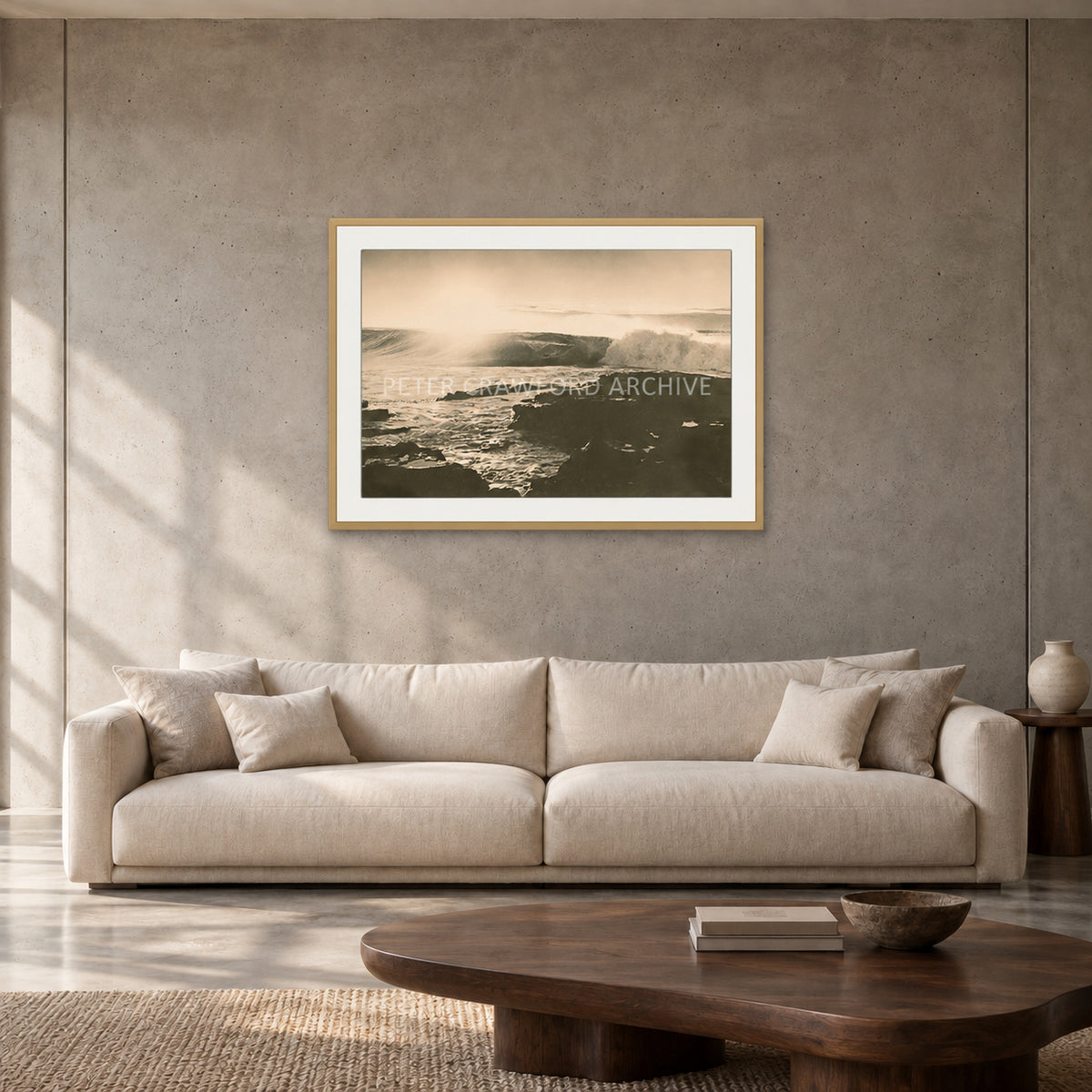 Peter Crawford Barrel at Dee Why — 90 × 60 cm, hayseed frame with mat, shown in a contemporary concrete-wall living room.