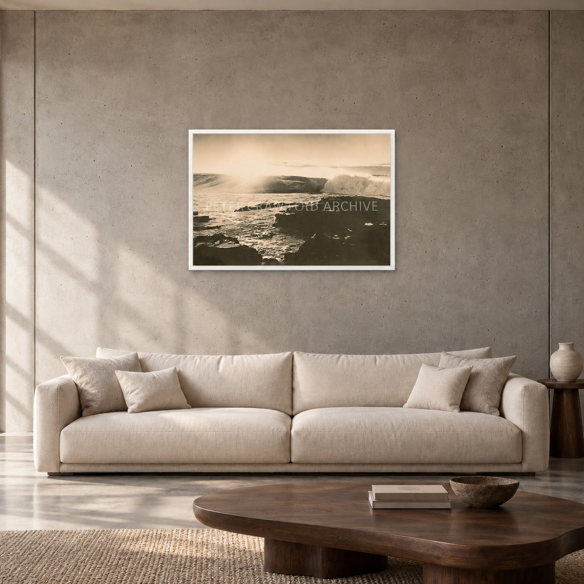Peter Crawford Barrel at Dee Why — 90 × 60 cm, white full frame, shown in a contemporary concrete-wall living room.