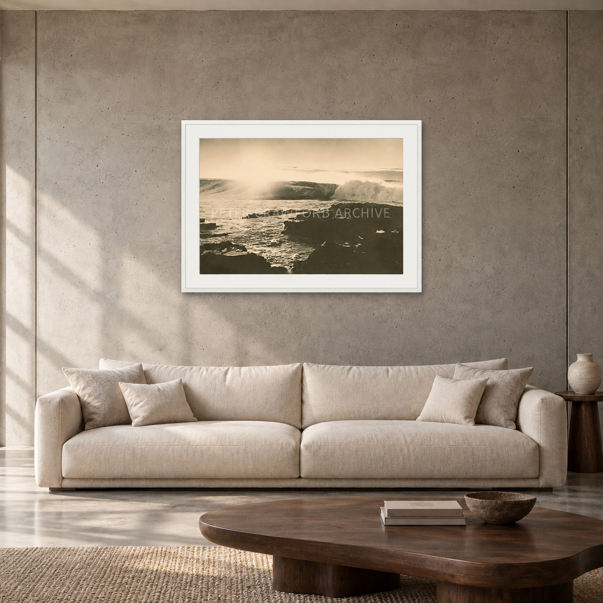 Peter Crawford Barrel at Dee Why — 90 × 60 cm, white frame with mat, shown in a contemporary concrete-wall living room.