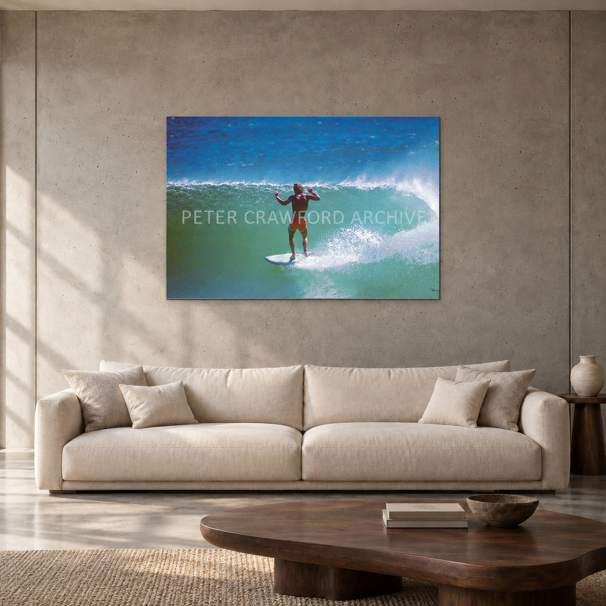 Terry Fitzgerald at Sunset Beach — 120 × 80 cm, aluminium resin mount, shown in a contemporary concrete-wall living room.