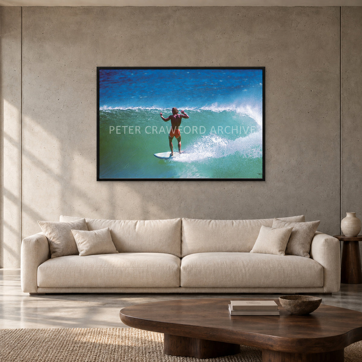 Terry Fitzgerald at Sunset Beach — 120 × 80 cm, black full frame, shown in a contemporary concrete-wall living room.