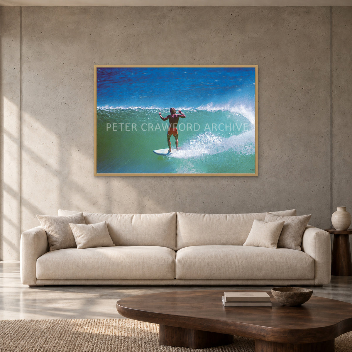 Terry Fitzgerald at Sunset Beach — 120 × 80 cm, hayseed full frame, shown in a contemporary concrete-wall living room.