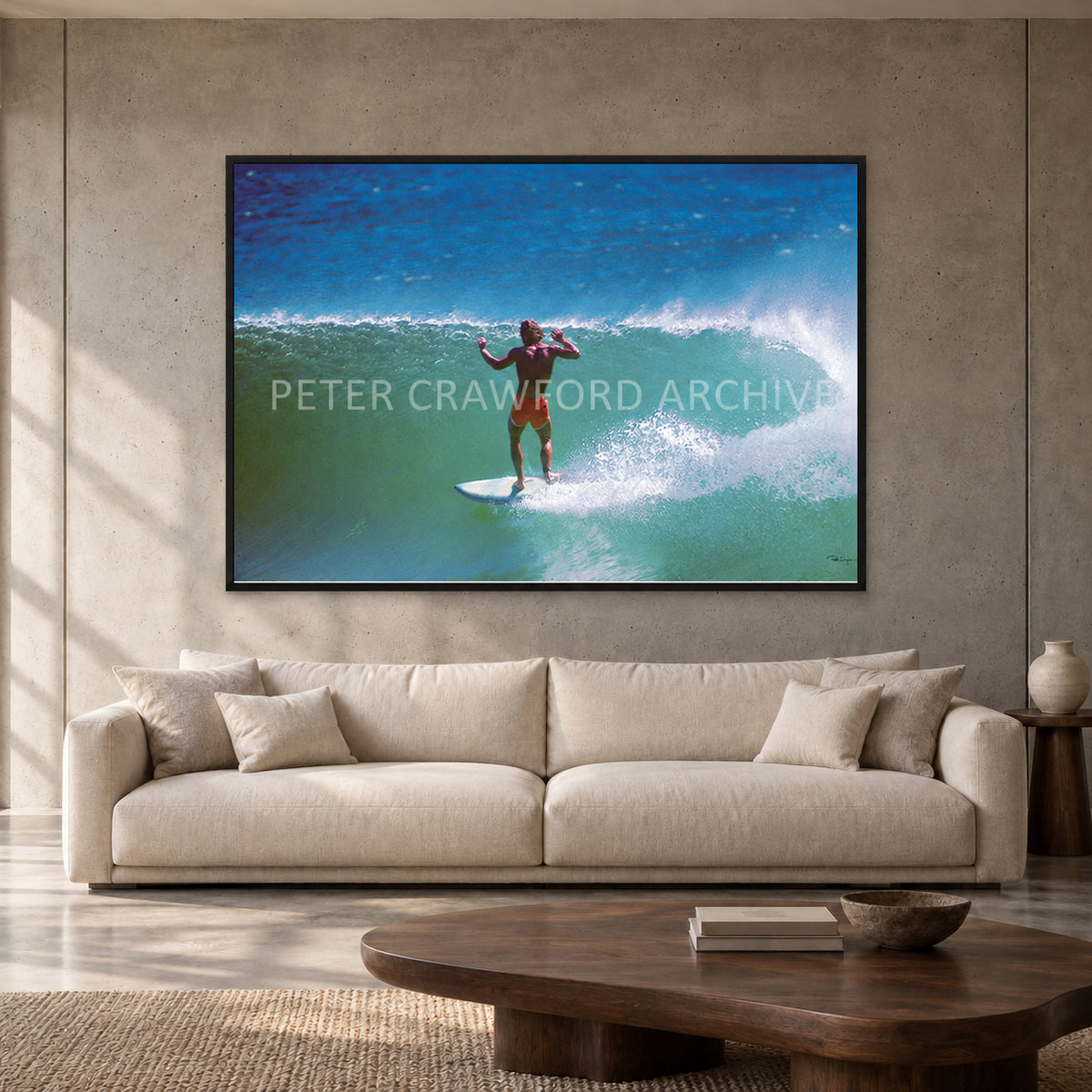 Terry Fitzgerald at Sunset Beach — 152 × 102 cm, black full frame, shown in a contemporary concrete-wall living room.