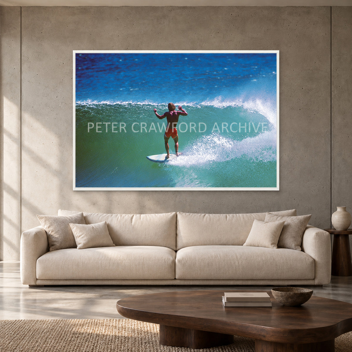 Terry Fitzgerald at Sunset Beach — 152 × 102 cm, white full frame, shown in a contemporary concrete-wall living room.