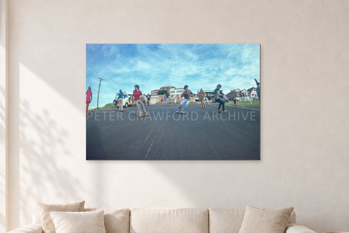 Skate Rock n Roll DY 1977 by Peter Crawford — 120 × 80 cm, aluminium-mounted resin print, shown in a light minimalist living room.