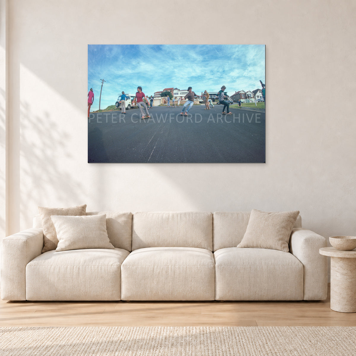 Skate Rock n Roll DY 1977 by Peter Crawford — 120 × 80 cm, aluminium-mounted resin print, shown in a light minimalist living room.