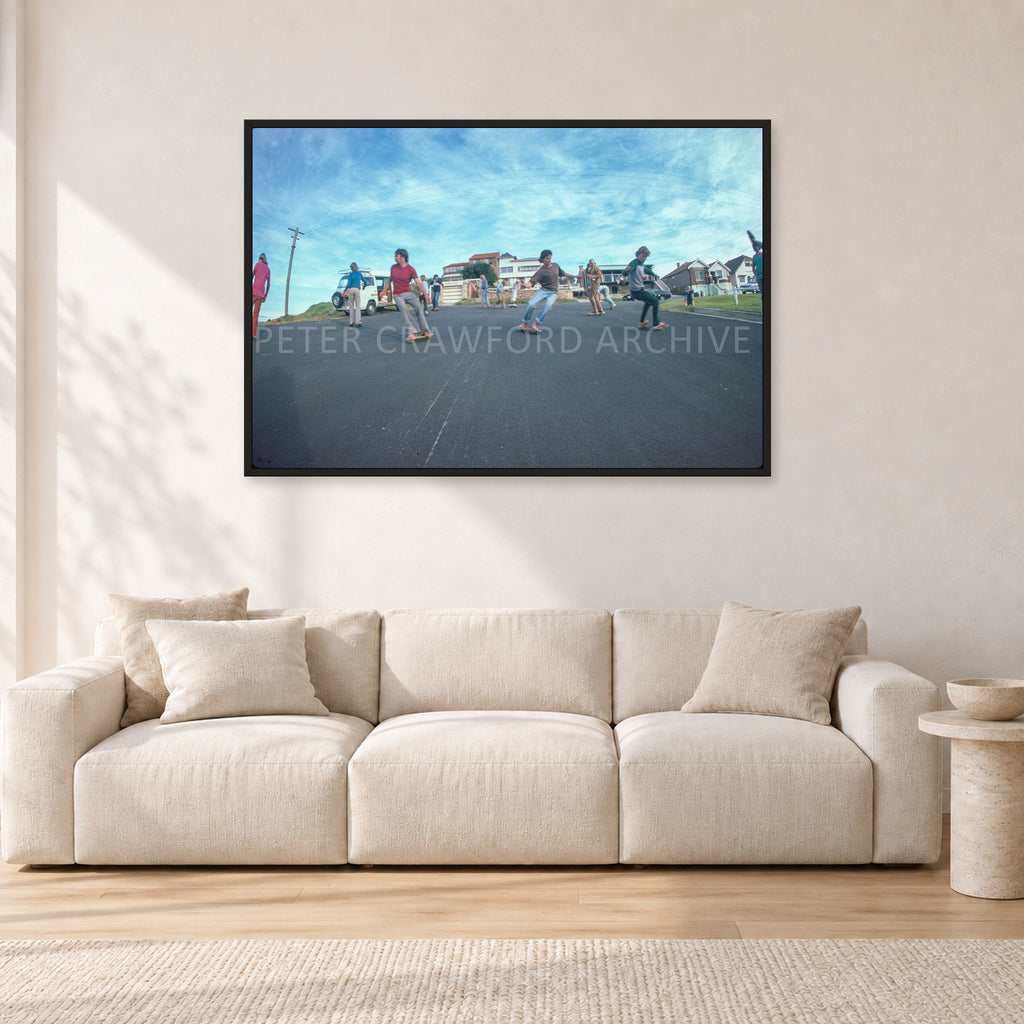 Skate Rock n Roll DY 1977 by Peter Crawford — 120 × 80 cm, black frame, shown in a light minimalist living room.