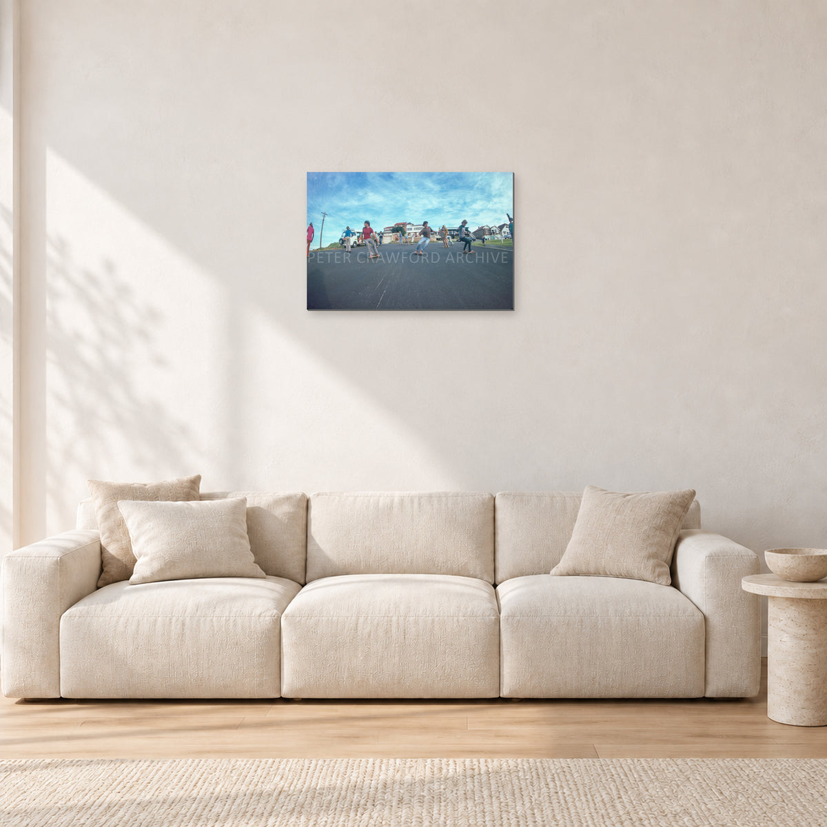 Skate Rock n Roll DY 1977 by Peter Crawford — 60 × 40 cm, aluminium-mounted resin print, shown in a light minimalist living room.