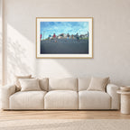 Skate Rock n Roll DY 1977 by Peter Crawford — 90 × 60 cm, hayseed frame with white mat, shown in a light minimalist living room.