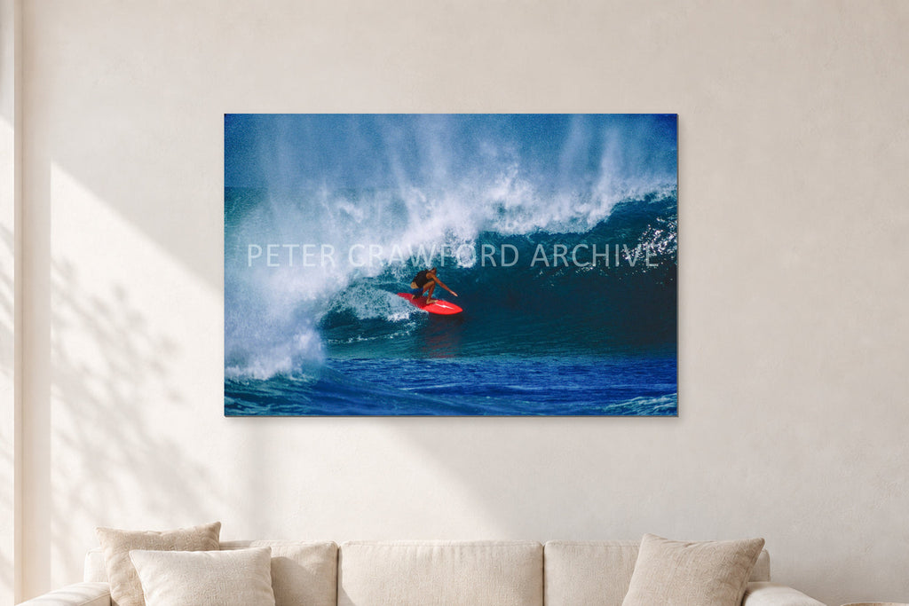 Rory Russell, Pipeline 1978 by Peter Crawford — 120 × 80 cm, aluminium-mounted resin print, shown in a light minimalist living room.
