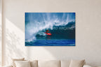 Rory Russell, Pipeline 1978 by Peter Crawford — 120 × 80 cm, aluminium-mounted resin print, shown in a light minimalist living room.