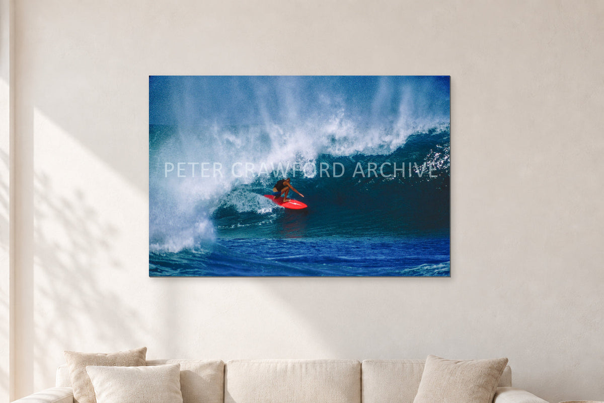 Rory Russell, Pipeline 1978 by Peter Crawford — 120 × 80 cm, aluminium-mounted resin print, shown in a light minimalist living room.
