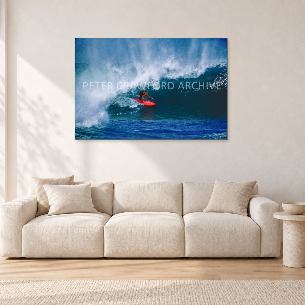 Rory Russell, Pipeline 1978 by Peter Crawford — 120 × 80 cm, aluminium-mounted resin print, shown in a light minimalist living room.