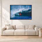Rory Russell, Pipeline 1978 by Peter Crawford — 120 × 80 cm, black frame, shown in a light minimalist living room.