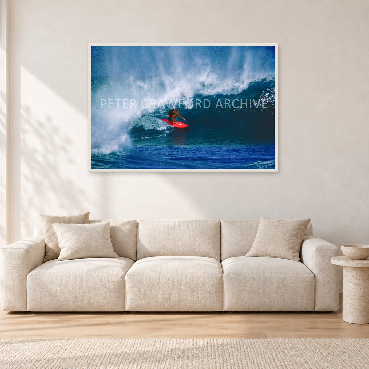 Rory Russell, Pipeline 1978 by Peter Crawford — 120 × 80 cm, white frame, shown in a light minimalist living room.