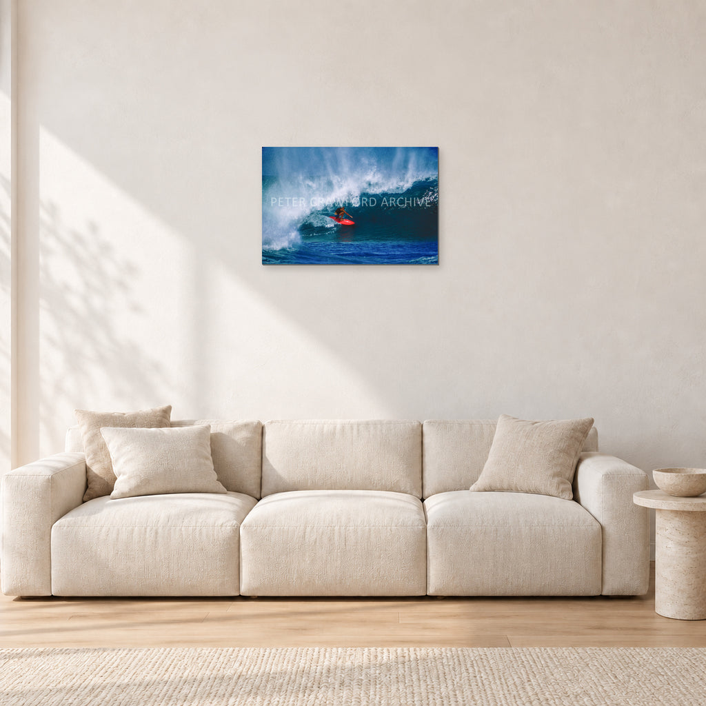 Rory Russell, Pipeline 1978 by Peter Crawford — 60 × 40 cm, aluminium-mounted resin print, shown in a light minimalist living room.