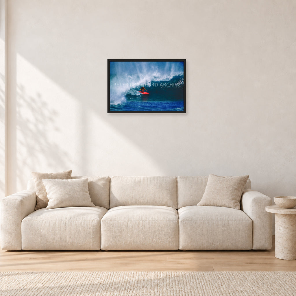 Rory Russell, Pipeline 1978 by Peter Crawford — 60 × 40 cm, black frame, shown in a light minimalist living room.
