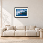 Rory Russell, Pipeline 1978 by Peter Crawford — 60 × 40 cm, black frame with white mat, shown in a light minimalist living room.