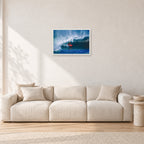 Rory Russell, Pipeline 1978 by Peter Crawford — 60 × 40 cm, white frame, shown in a light minimalist living room.
