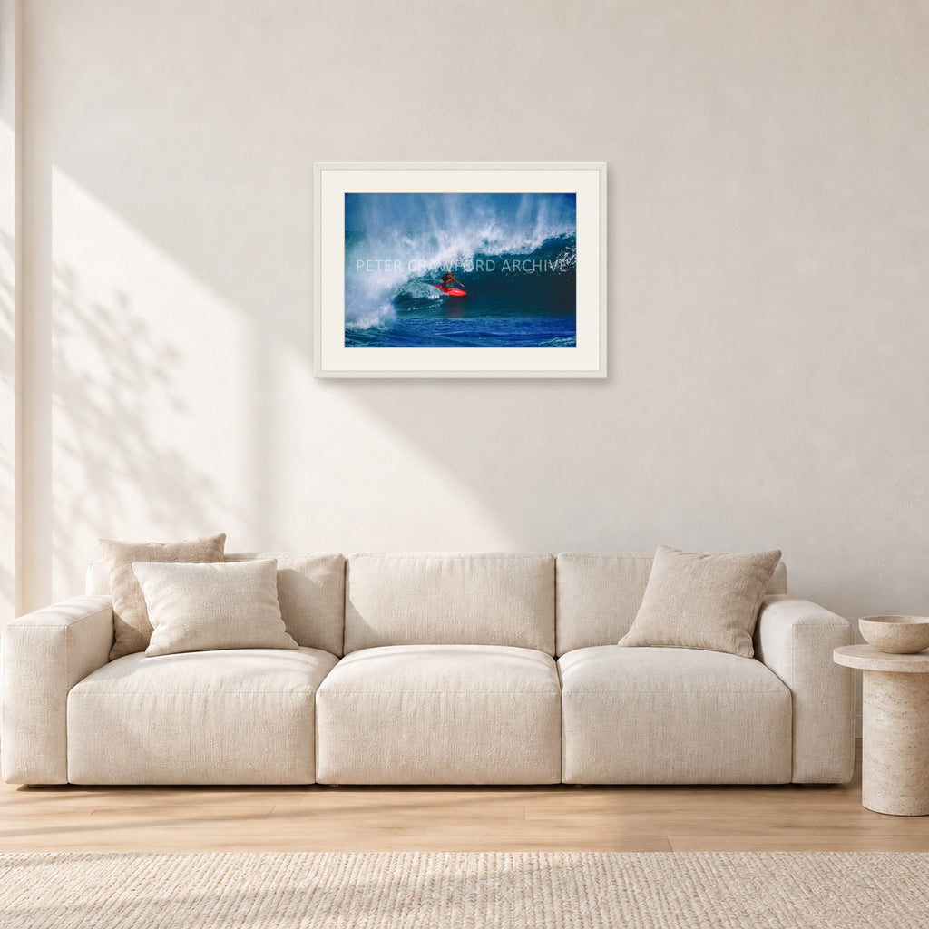 Rory Russell, Pipeline 1978 by Peter Crawford — 60 × 40 cm, white frame with white mat, shown in a light minimalist living room.