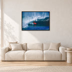 Rory Russell, Pipeline 1978 by Peter Crawford — 90 × 60 cm, black frame, shown in a light minimalist living room.