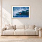 Rory Russell, Pipeline 1978 by Peter Crawford — 90 × 60 cm, hayseed frame with white mat, shown in a light minimalist living room.