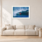 Rory Russell, Pipeline 1978 by Peter Crawford — 90 × 60 cm, white frame with white mat, shown in a light minimalist living room.