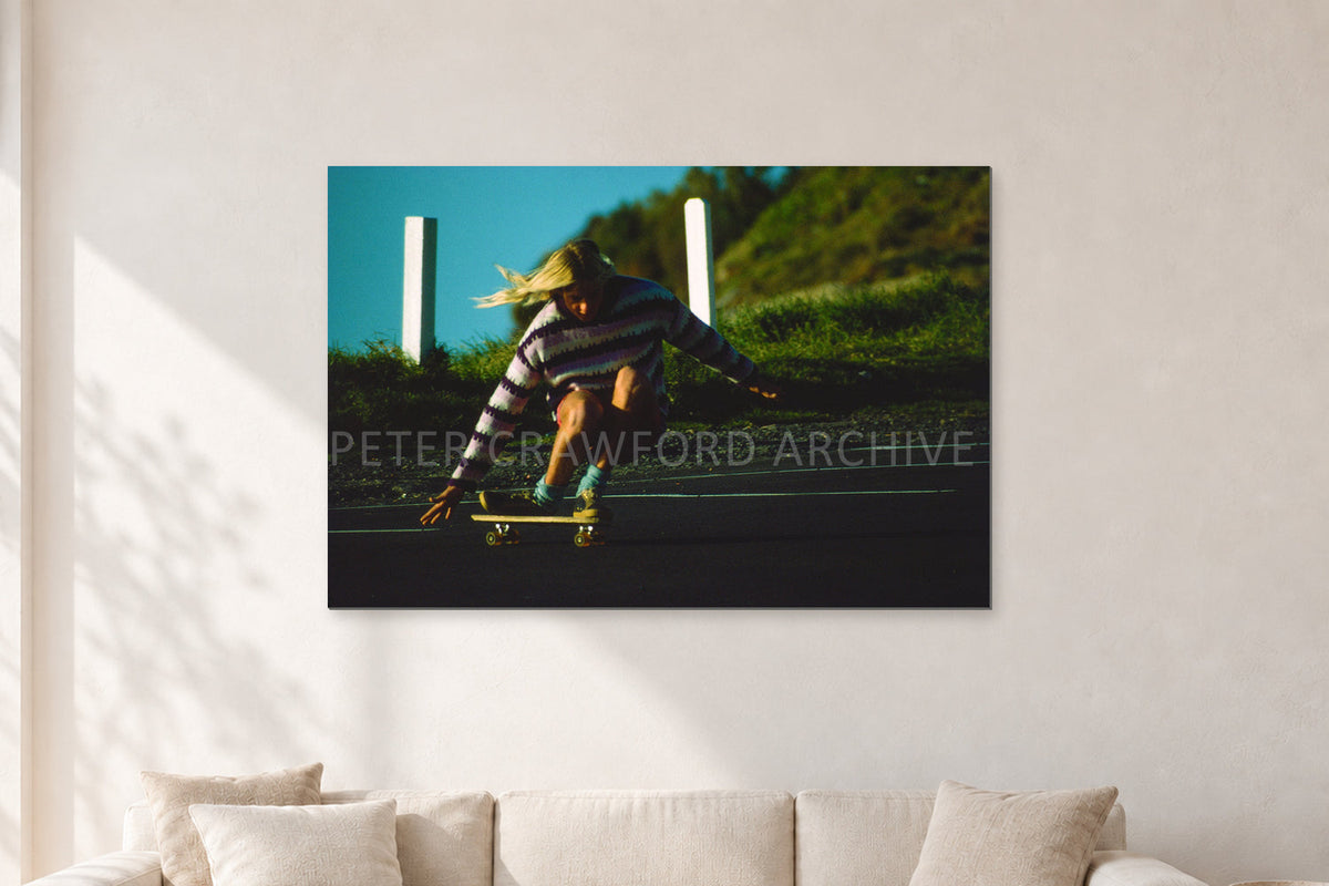 Russel Lewis Skate DY by Peter Crawford — 120 × 80 cm, aluminium-mounted resin print, shown in a light minimalist living room.